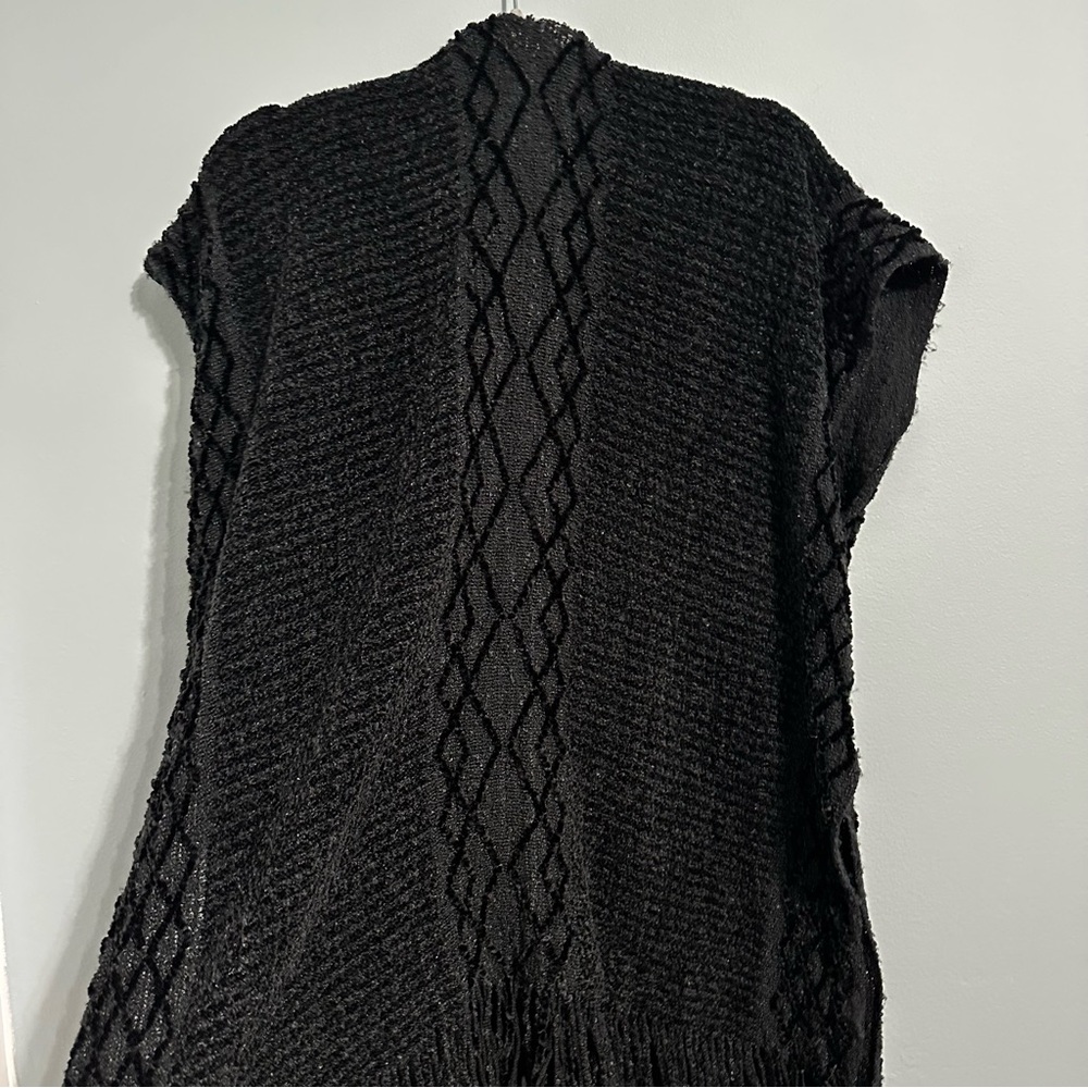 Black Knit Open-Front Fringe Cardigan Shall One-Size - Picture 5 of 8